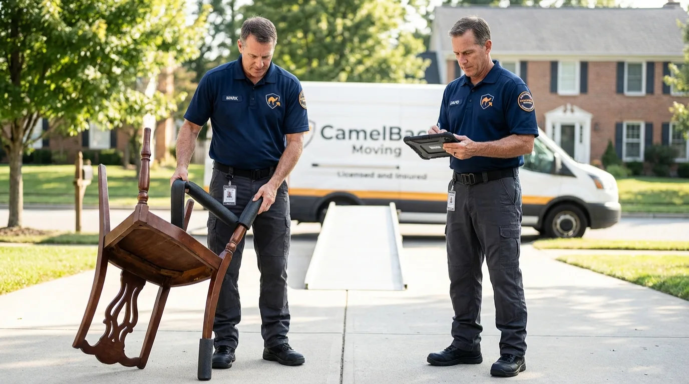 Movers inspecting furniture for damage prevention before loading in Joanna, SC